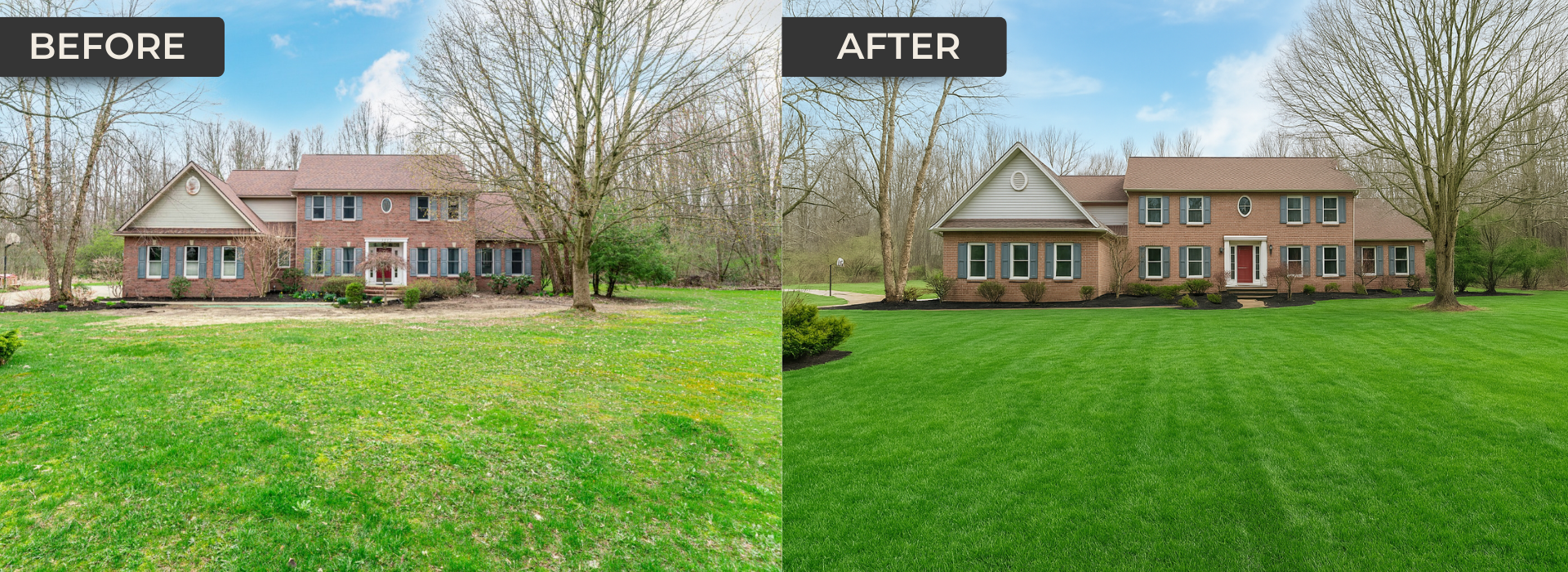 Before and after transformation showing front yard with patchy grass virtually enhanced into lush green lawn.